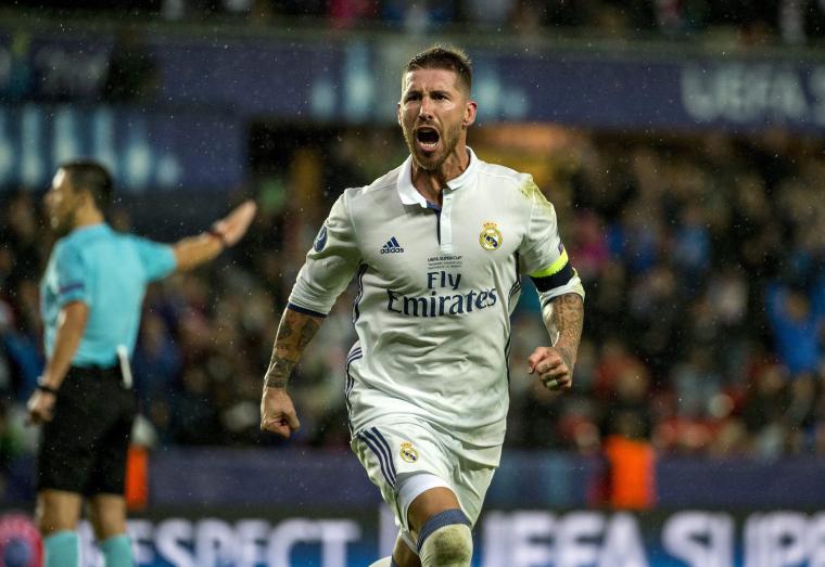 Sergio Ramos celebra un gol a la Supercopa d'Europa.