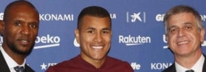 Abidal i Mestre acompanyen Murillo en la seva presentació