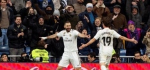 Benzema celebra el gol marcat a l'Alabès