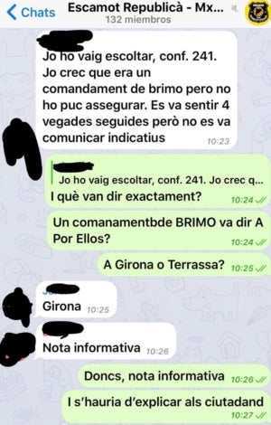 Captura del xat de Mossos d'Esquadra on es comentava l'ús de l'"a por ellos"