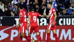 Cristhian Stuani, Portu i Pedro Porro celebren un dels dos gols del Girona.