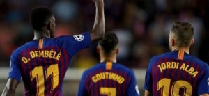 Dembélé celebra el seu gol contra el PSV.