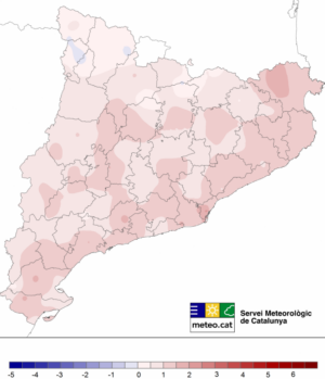 Difer&egrave;ncia entre la temperatura mitjana anual i la mitjana clim&agrave;tica acumulada