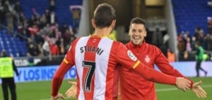 Euf&ograve;rics, Cristhian Stuani i &Agrave;lex Granell celebren el 0-1 que el Girona va aconseguir la temporada passada al RCDE Stadium.