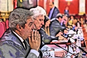 Javier Zaragoza i Fidel Cadena, en un moment del judici, il&middot;lustrats i la resta de les acusacions de fons