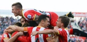Jugadors del Girona, celebrant un dels gols contra el Madrid