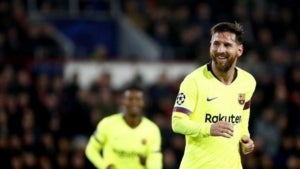 Messi celebra el seu gol contra el PSV.