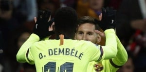 Messi i Dembélé celebren el gol del francès al Wanda Metropolitano.