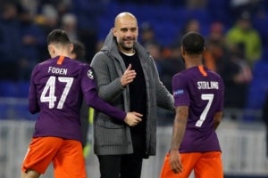 Pep Guardiola celebra l'accés del City als vuitens de final de la Champions League.