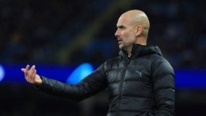 Pep Guardiola, durant el partit a l'Etihad Stadium davant del Hoffenheim