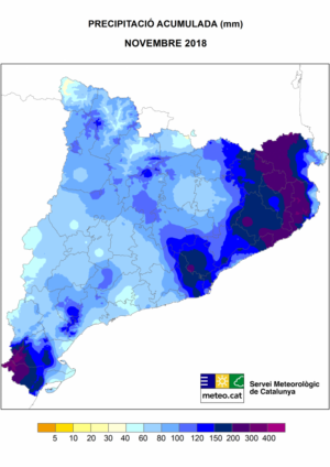 Precipitació acumulada a Catalunya durant el novembre de 2018