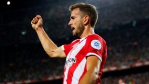 Stuani celebra un dels seus dos gols al Barça.