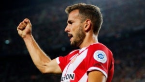 Stuani celebra un dels seus dos gols al Barça.