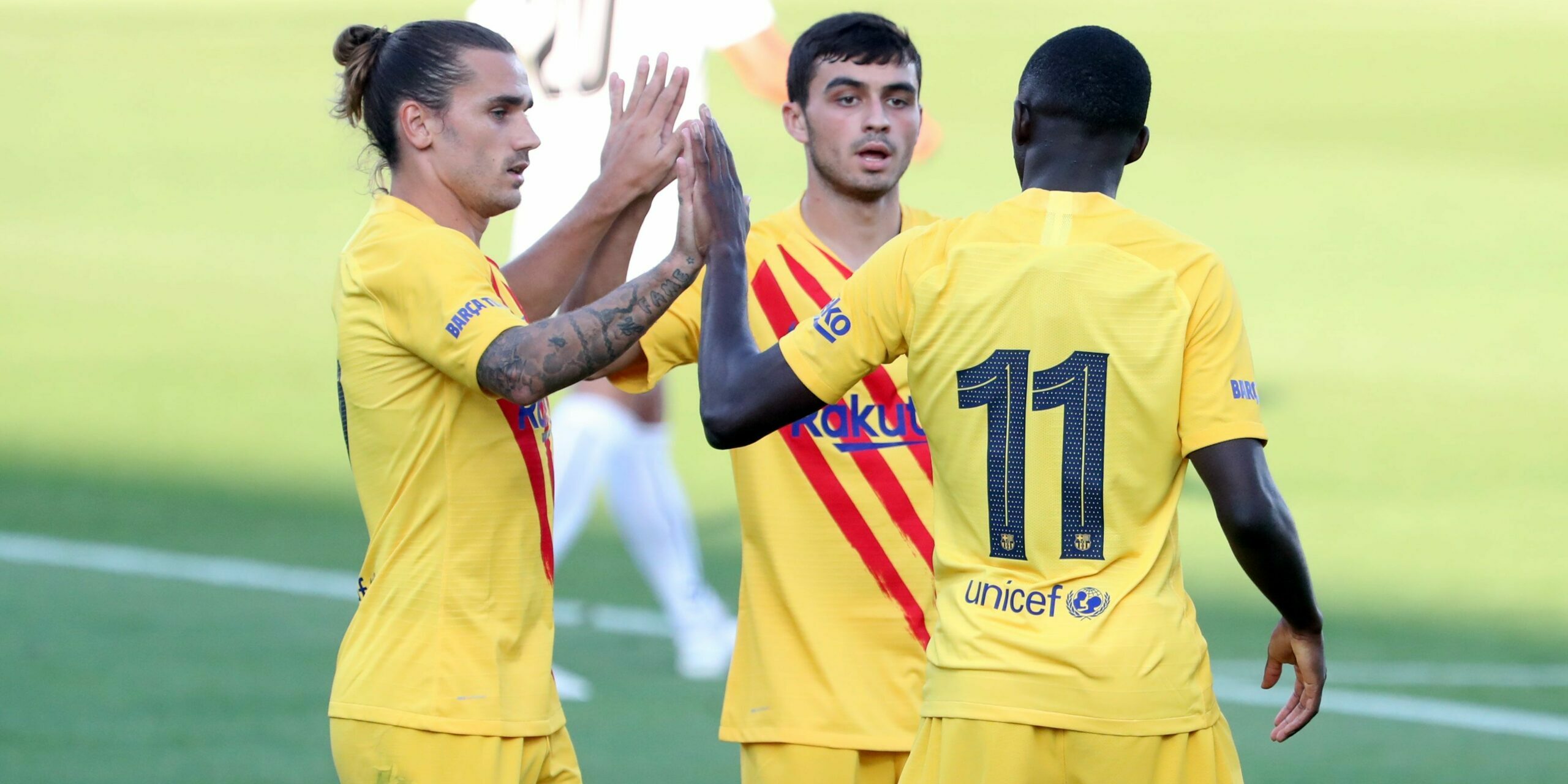 Pedri, Griezmann i Dembélé celebren un gol | FC Barcelona