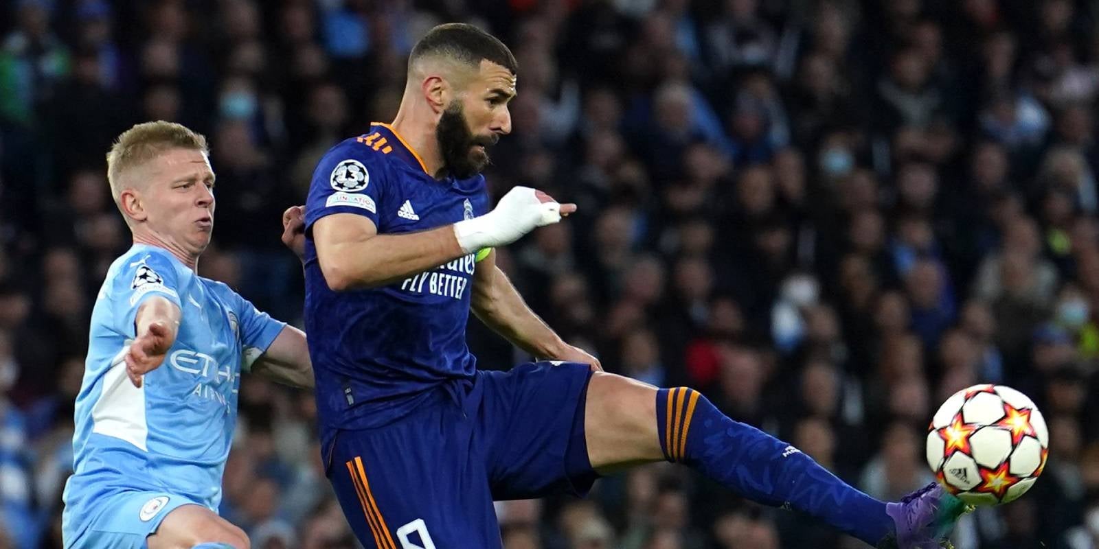 Karim Benzema remata a gol el provisional 2-1 ante el Manchester City, frente a Zinchenko | UEFA