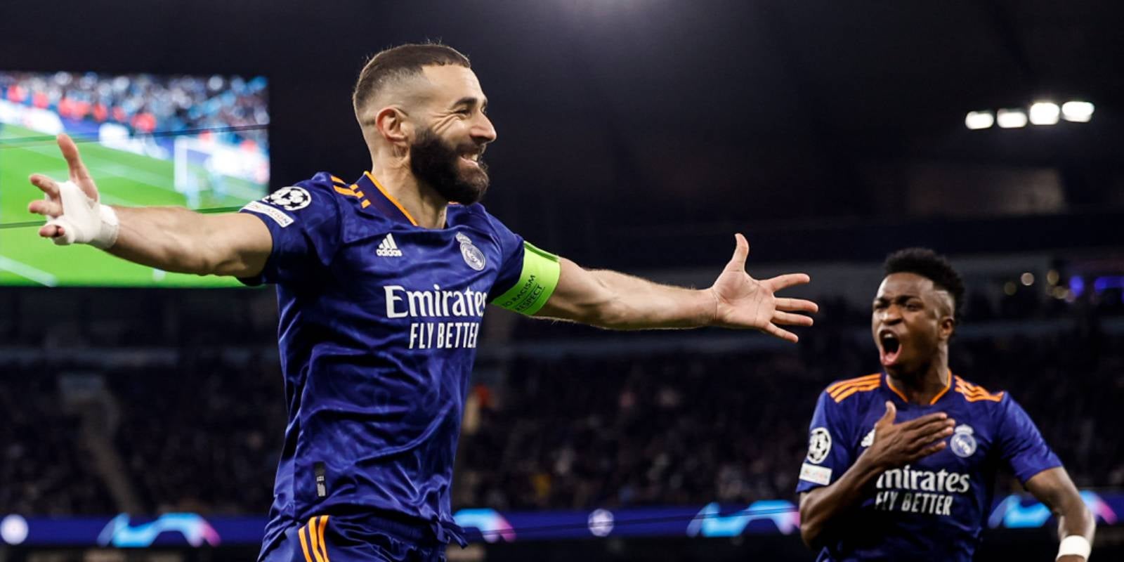 Karim Benzema celebra el seu segon gol a l'Etihad Stadium | Reial Madrid