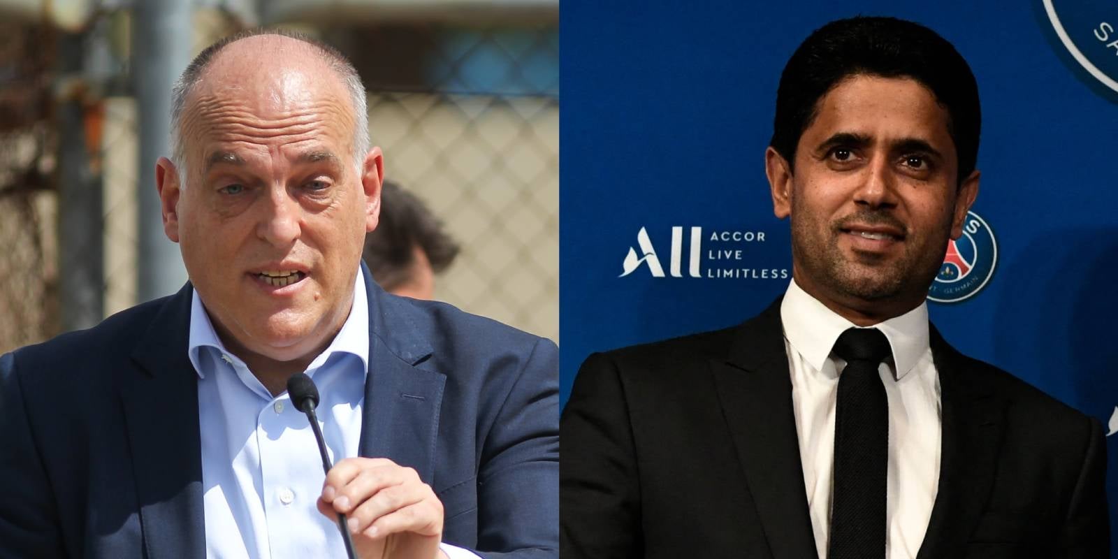 Javier Tebas, president de LaLiga, i Nasser Al-Khelaïfi, homònim del PSG | Europa Press