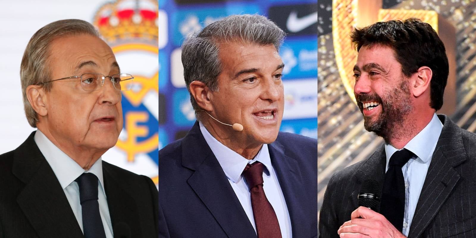 Florentino Pérez, Joan Laporta i Andrea Agnelli, presidents del Madrid, Barça i Juventus, equips impulsors de la Superlliga | Europa Press
