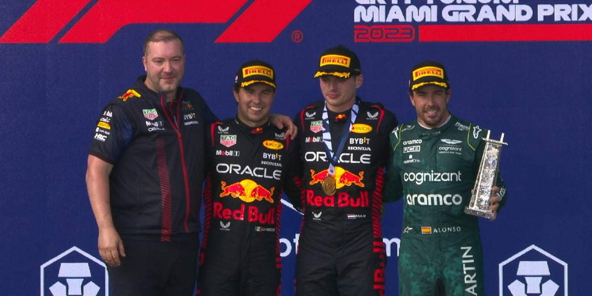 Checo Pérez, Max Verstappen i Fernando Alonso al podi de Miami | Fórmula 1