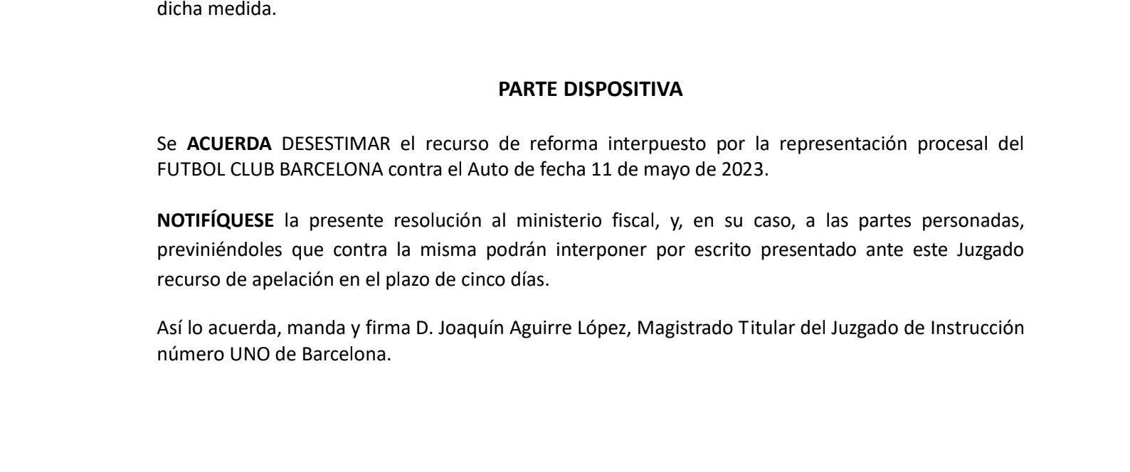 Parte dispositiva de la interlocutoria del Juez Aguirre con que niega los recursos del Barça contra la personación del Madrid al caso Negreira/QS