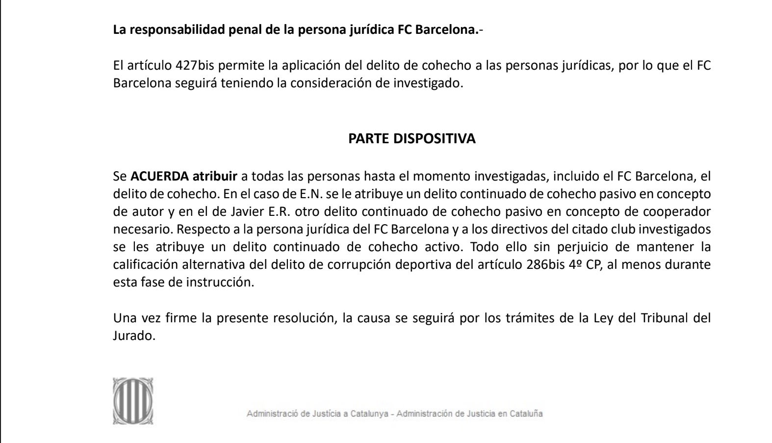 Parte dispositiva de la interlocutoria de Negreira que imputa en el Barça Soborno/QS