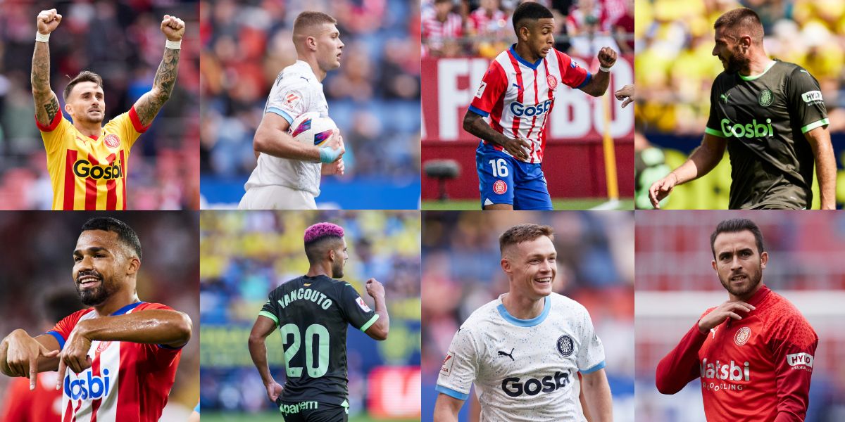 De izquierda a derecha y de bajo arriba: Aleix Garcia, Artem Dovbyk, Savinho, David López, Yangel Herrera, Viktor Tsygankov, Eric Garcia | Montaje de Món Esport con imágenes de Europa Press