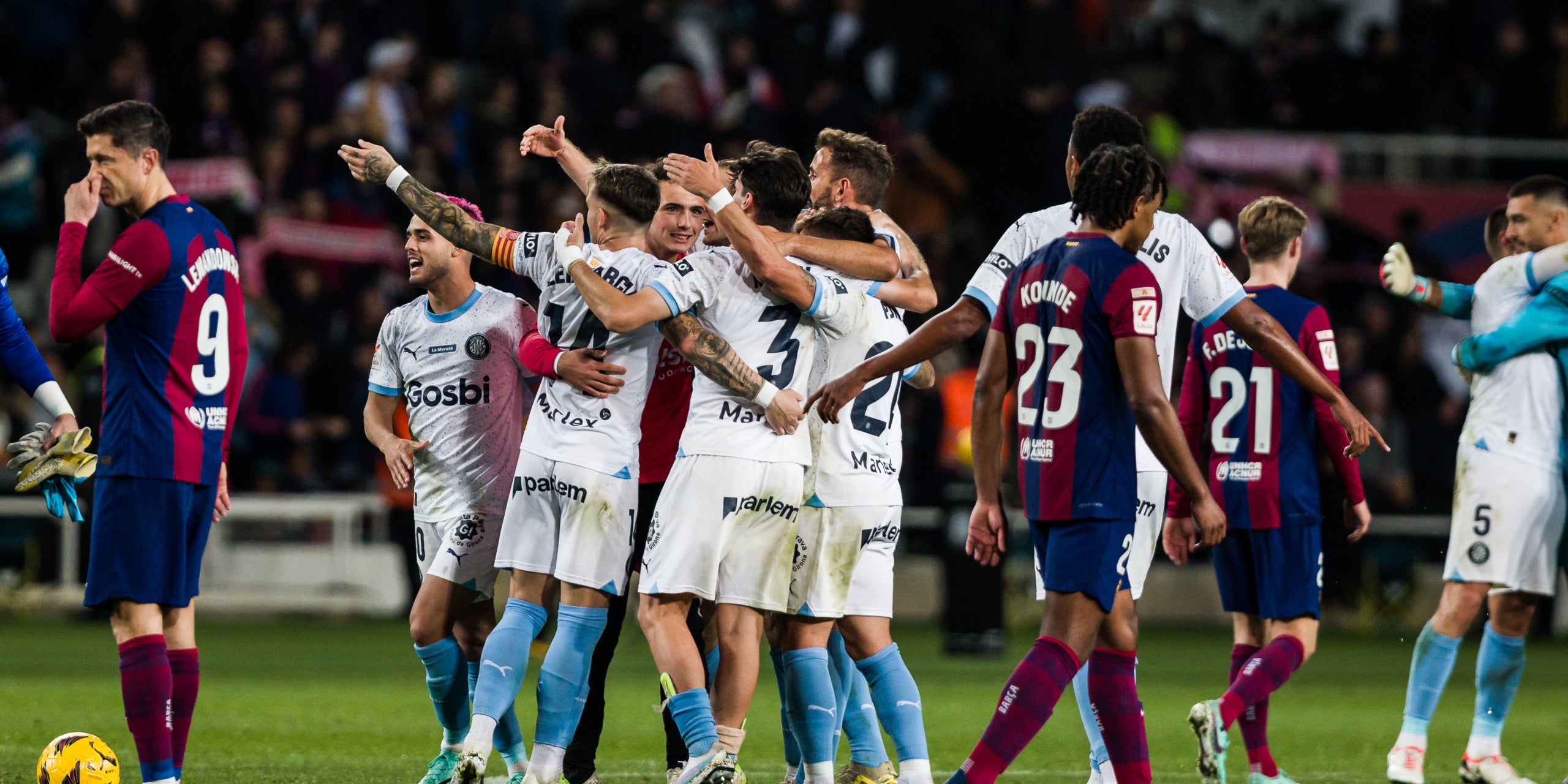 Els jugadors del Girona, celebrant la victòria contra el Barça | Europa Press