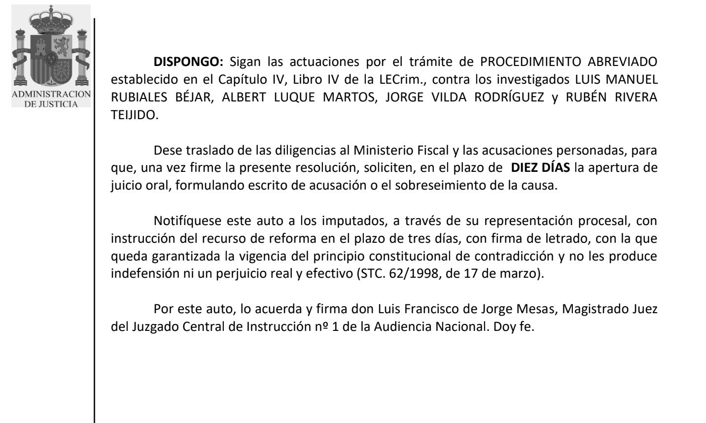 La parte dispositiva de la interlocutoria con que envía juicio a Rubiales/QS
