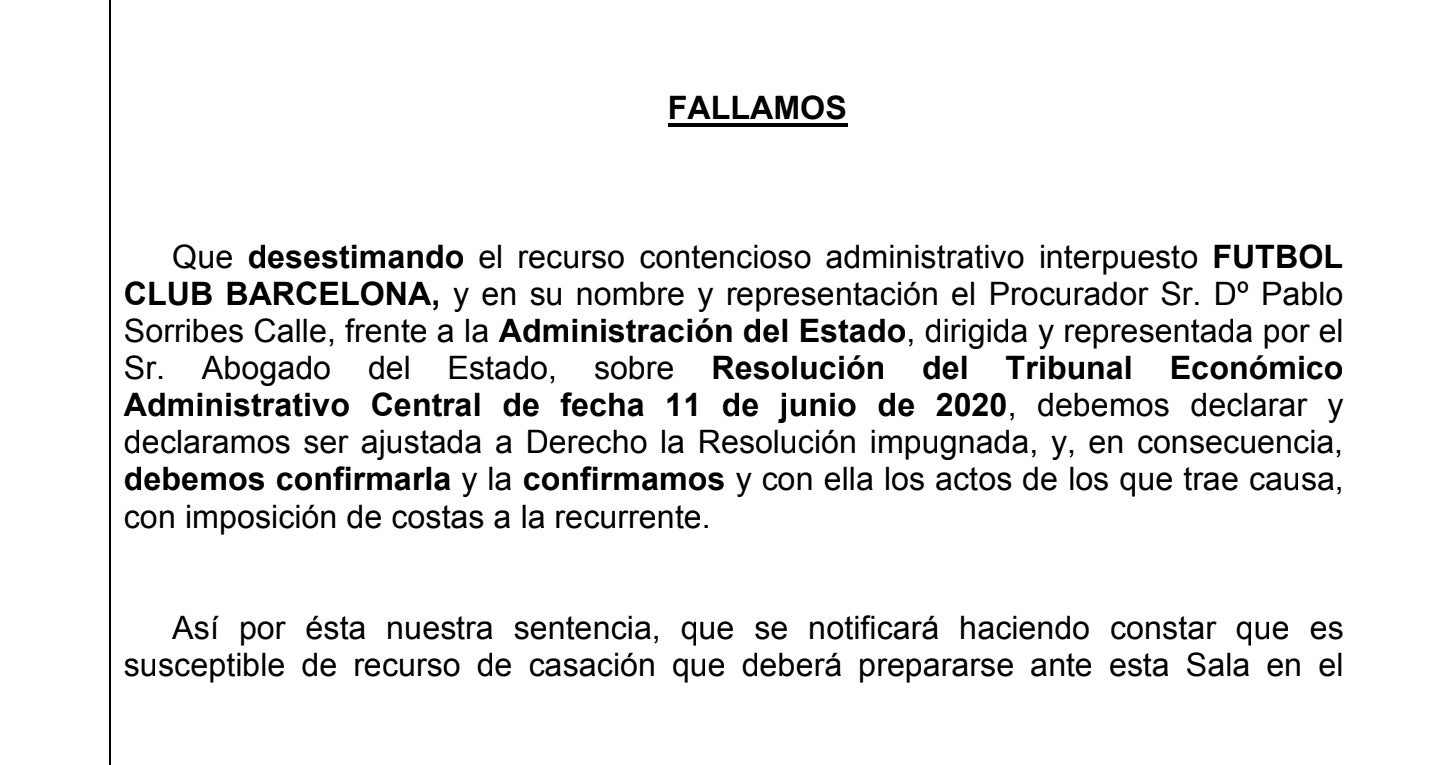Part dispositiva de la sentència que condemna al Barça a pagar 23 milions a Hisenda/QS