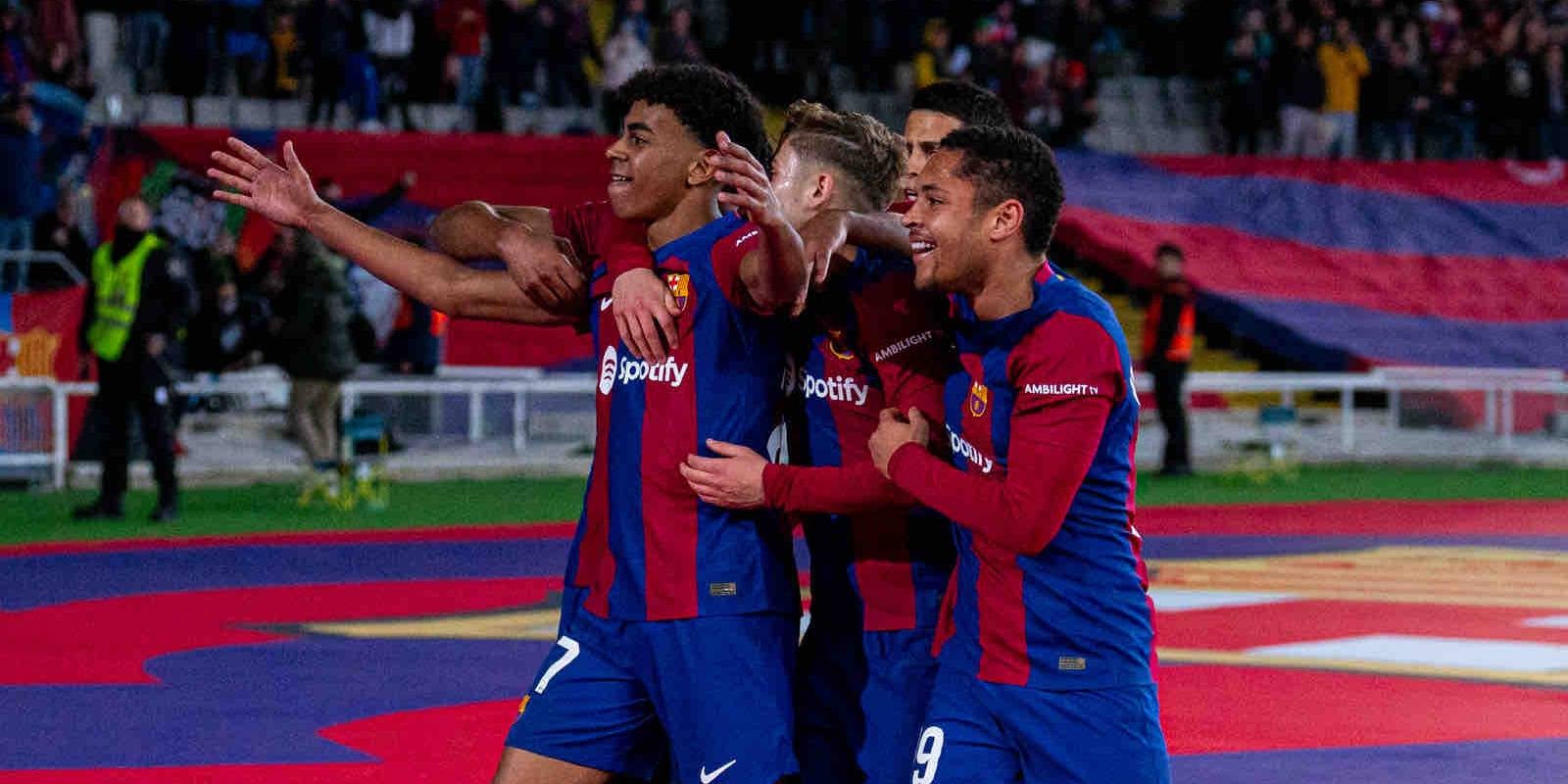 Lamine Yamal, Fermín López i Vitor Roque, jugadors del Barça, celebrant un gol | FC Barcelona