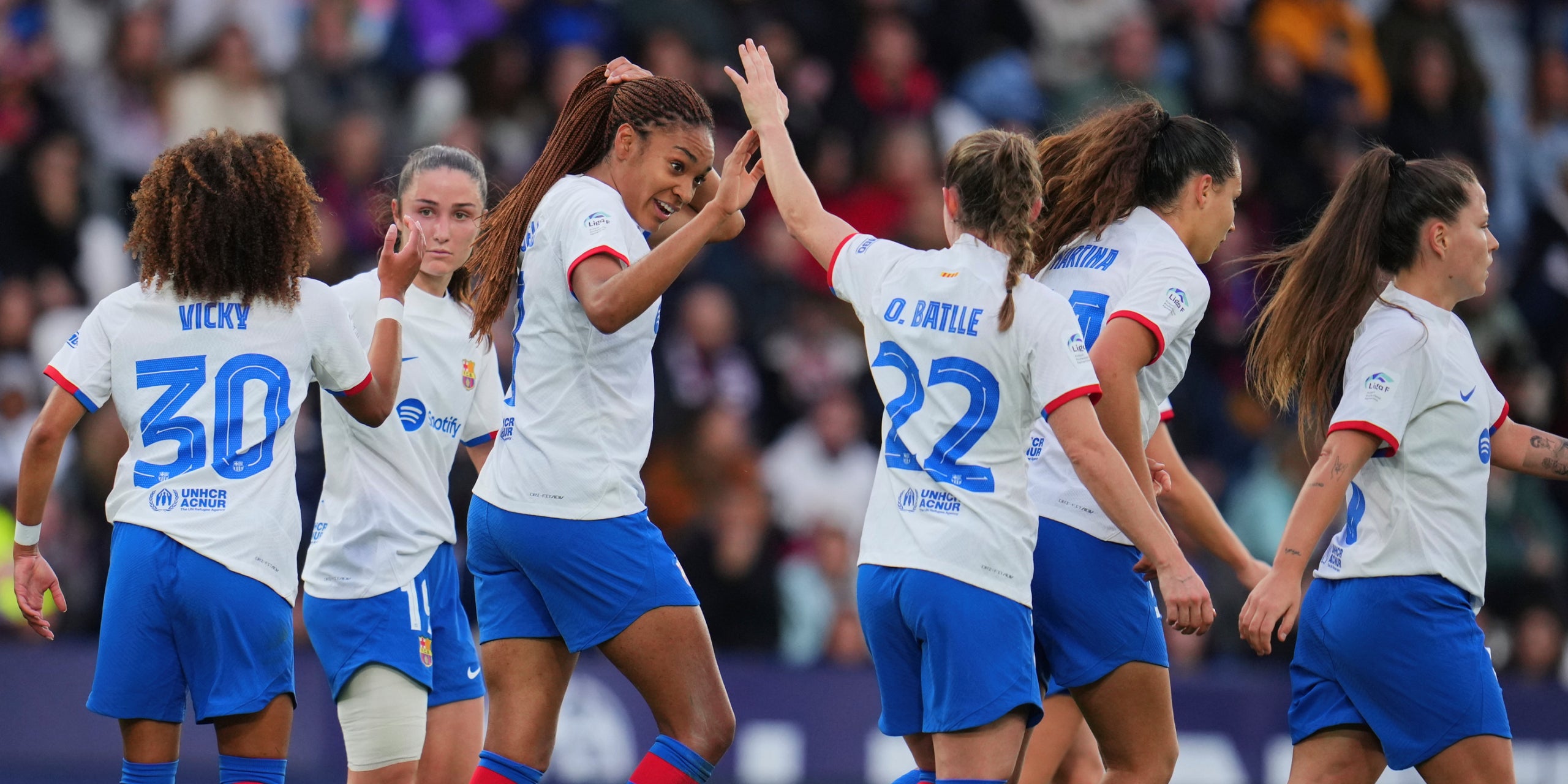 Las jugadoras del Barça, celebrando un gol contra el Levante | @FCBfemeni