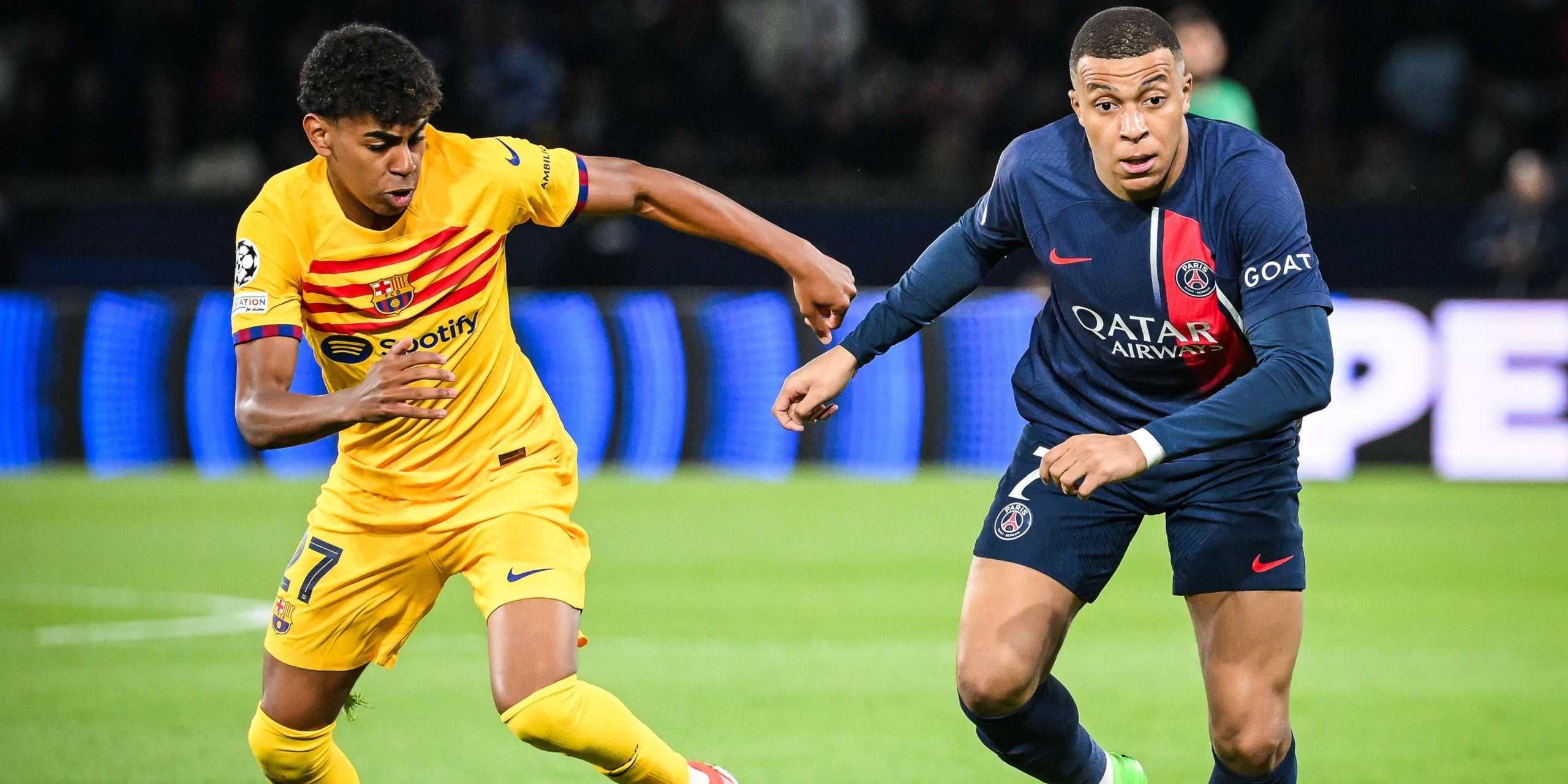 Lamine Yamal y Kylian Mbappé, durante el partido de ida en el Parque de los Príncipes | Europa Press