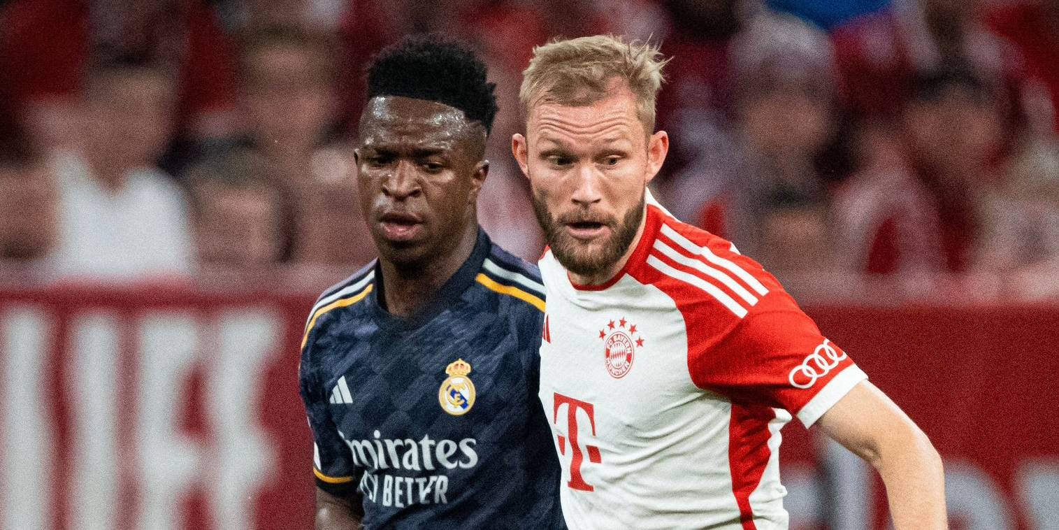 Vinicius Jr, jugador del Reial Madrid, i Konrad Laimer, jugador del Bayern | Bayern de Munic