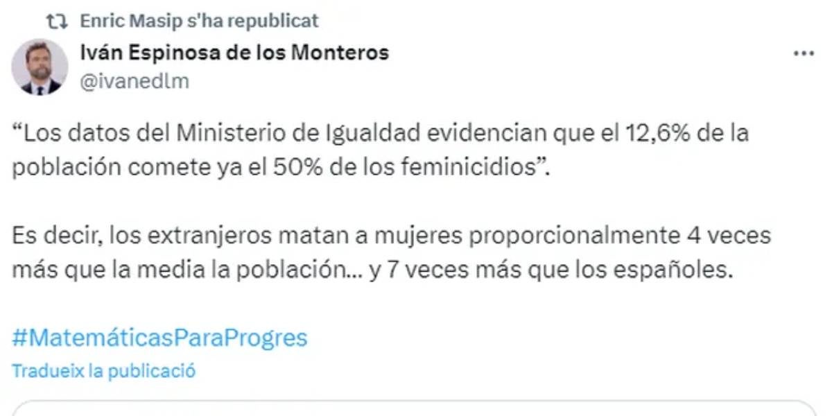 La piulada de Espinosa de los Monteros que relaciona la immigració amb la violència masclista | X (twitter)
