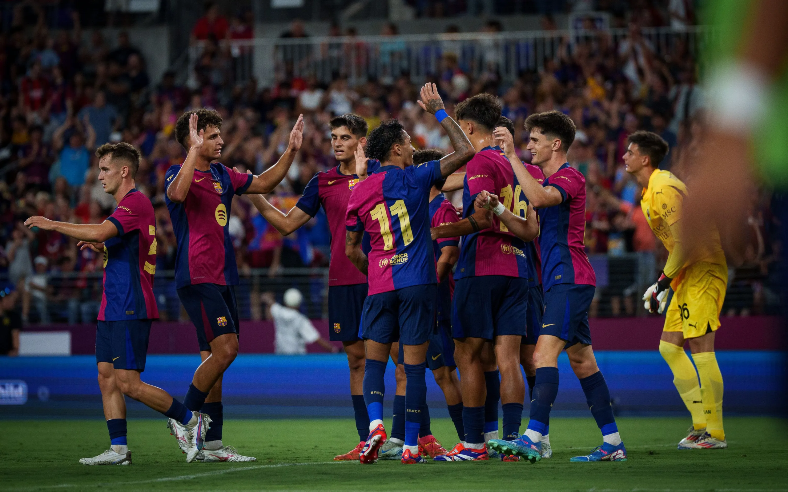 Els jugadors del Barça, celebrant un gol durant el partit contra el Milan de pretemporada | FC Barcelona