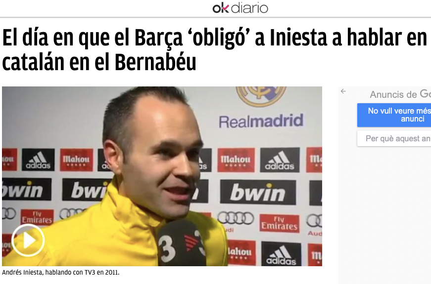 Captura de pantalla d'un article d'Okdiario sobre Andrés Iniesta i el català