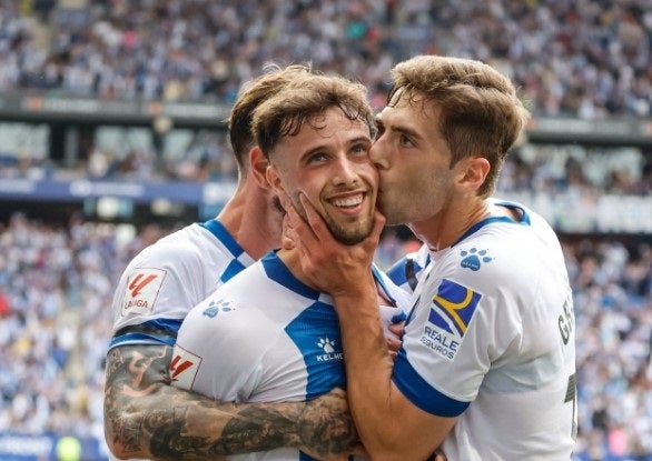 Los jugadores del Espanyol celebren uno de los goles contra el Oviedo que dio el ascenso a los pericos | Europa Press