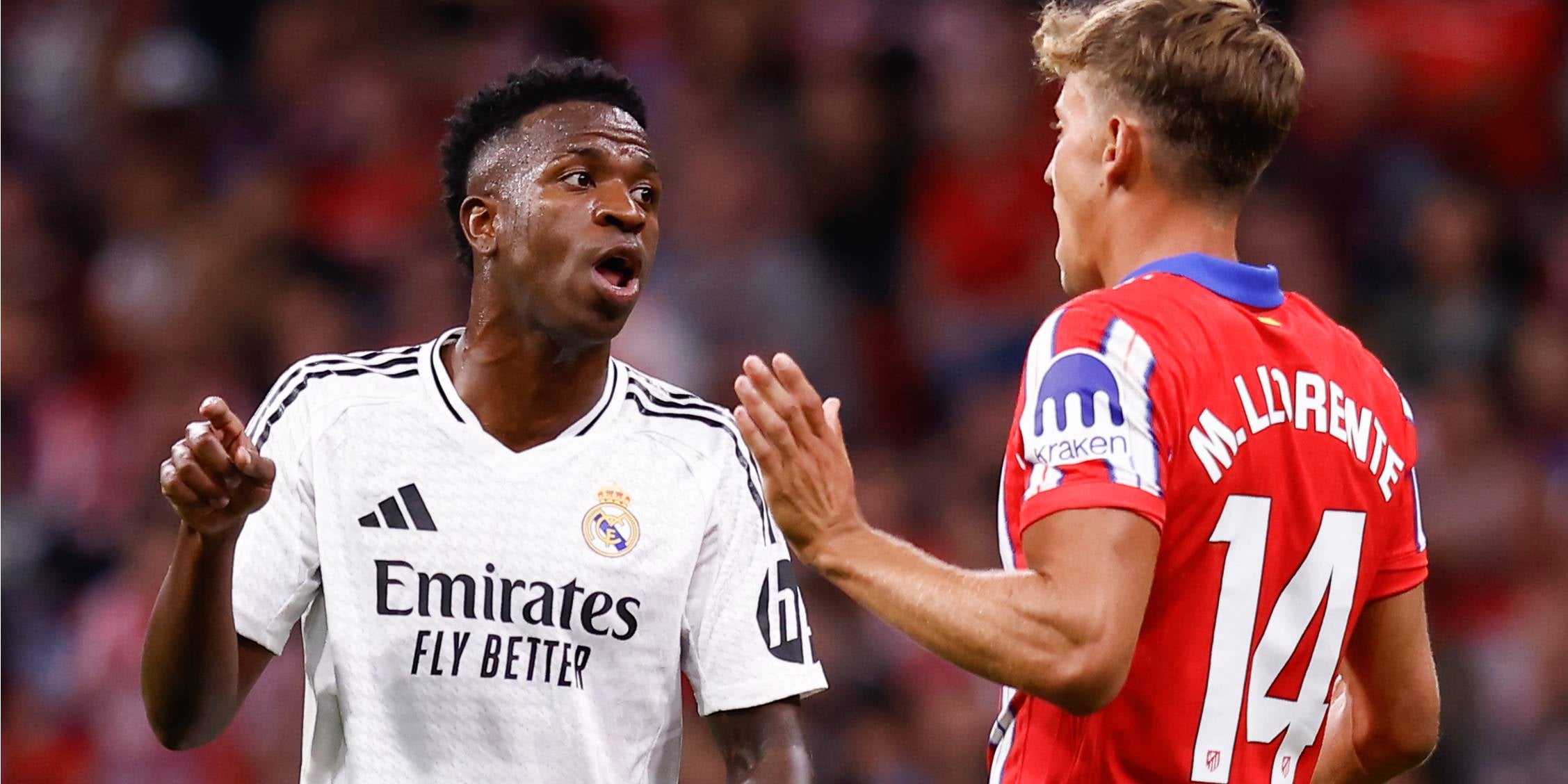 Vinicius Jr. increpa a Marcos Llorente durante el derbi madrileño | Europa Press