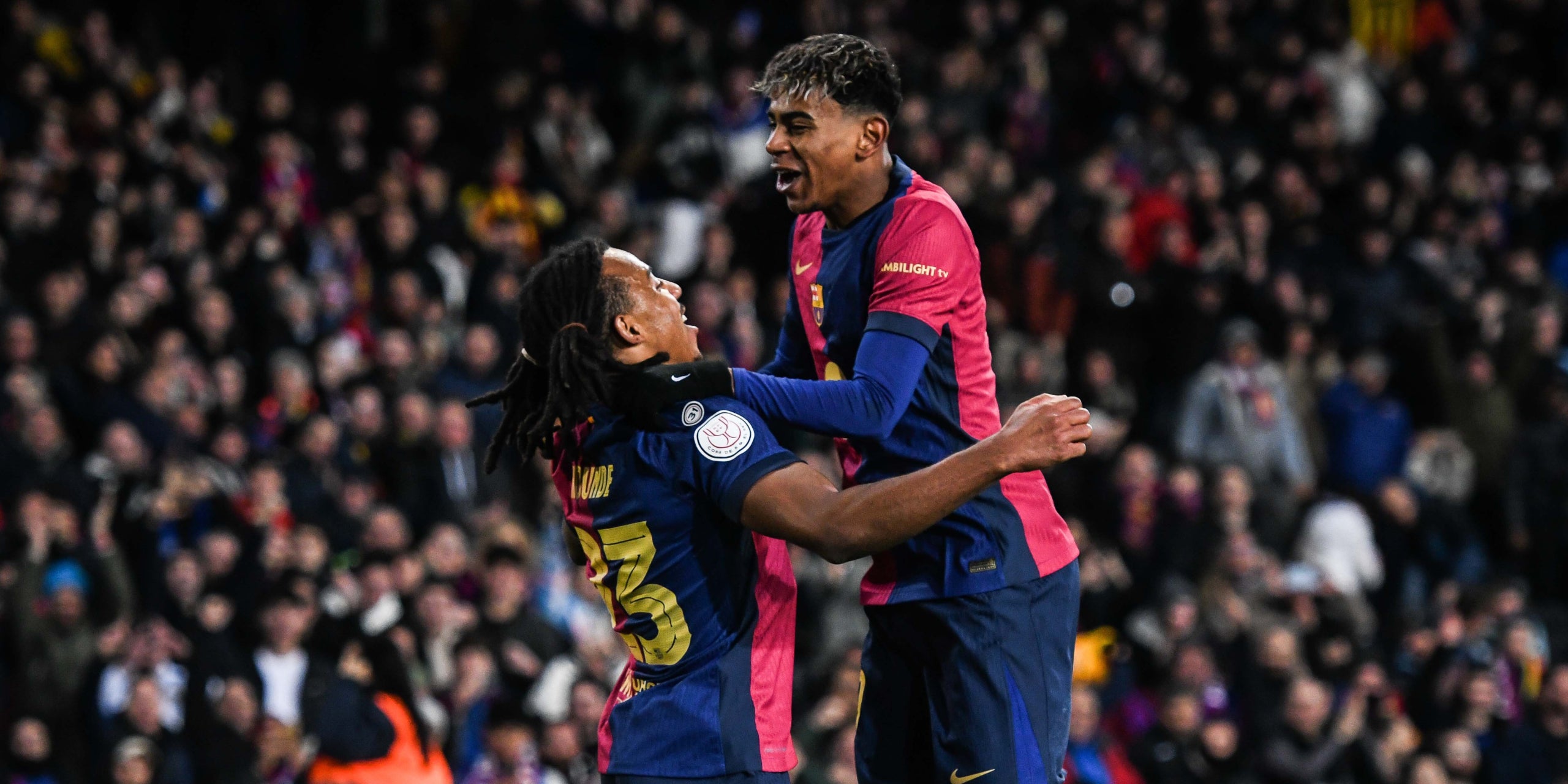 Jules Kounde y Lamine Yamal, celebrando un gol con el Barça | Europa Press