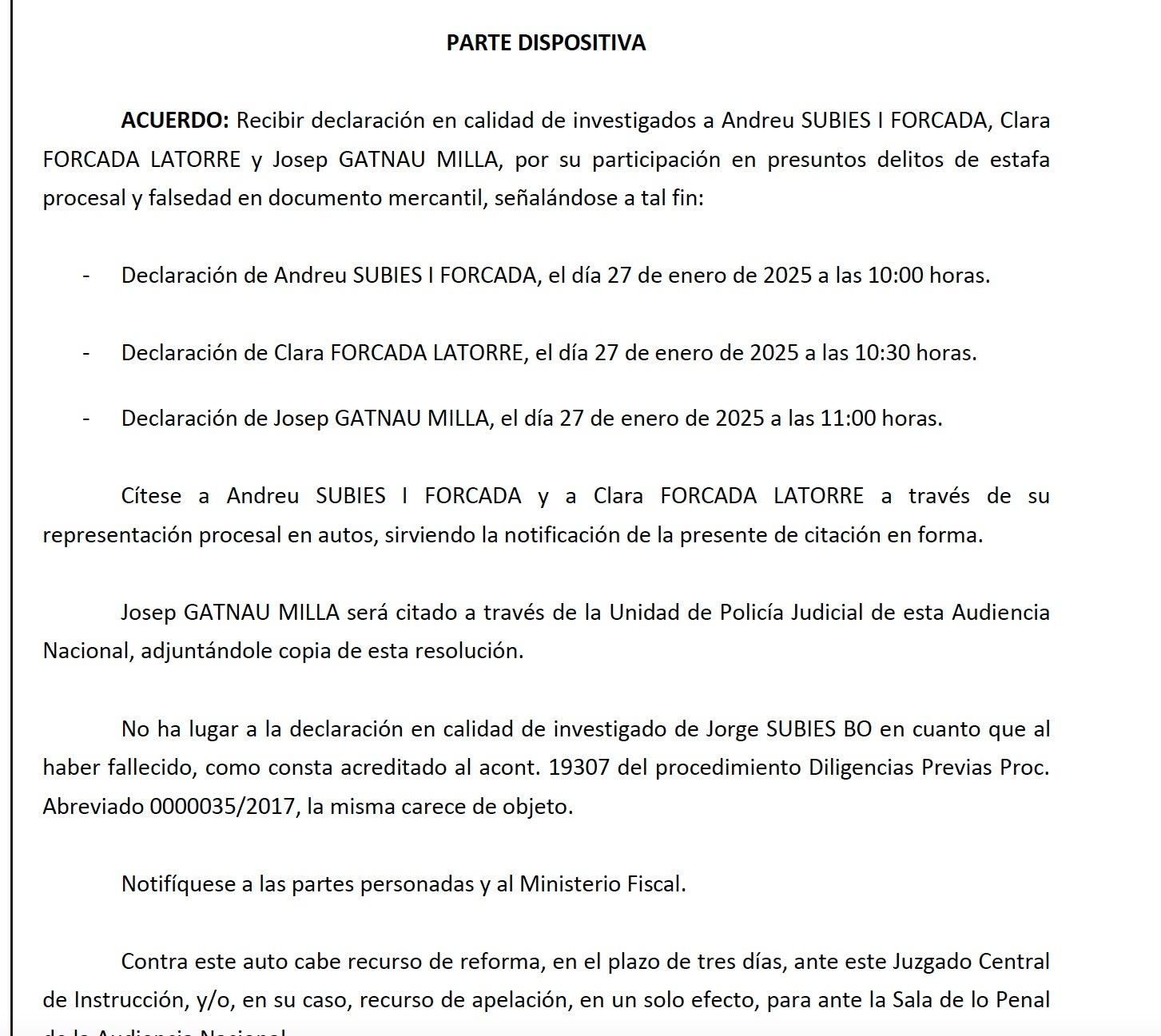 Part dispositiva de la interlocutòria que cita com investigat l'expresident de la Federació Catalana de Futbol