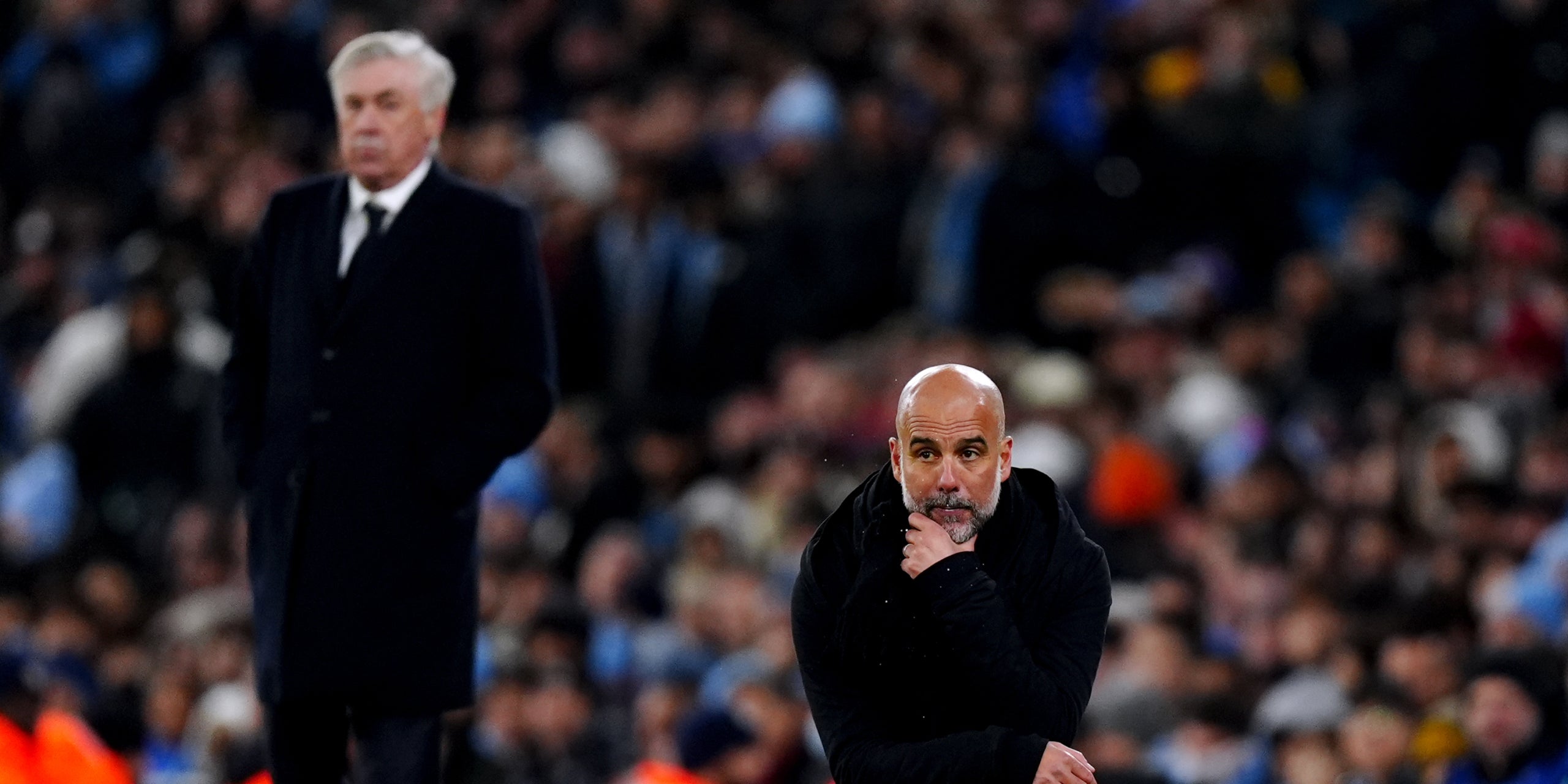 Carlo Ancelotti i Pep Guardiola, durant el City-Madrid | Europa Press