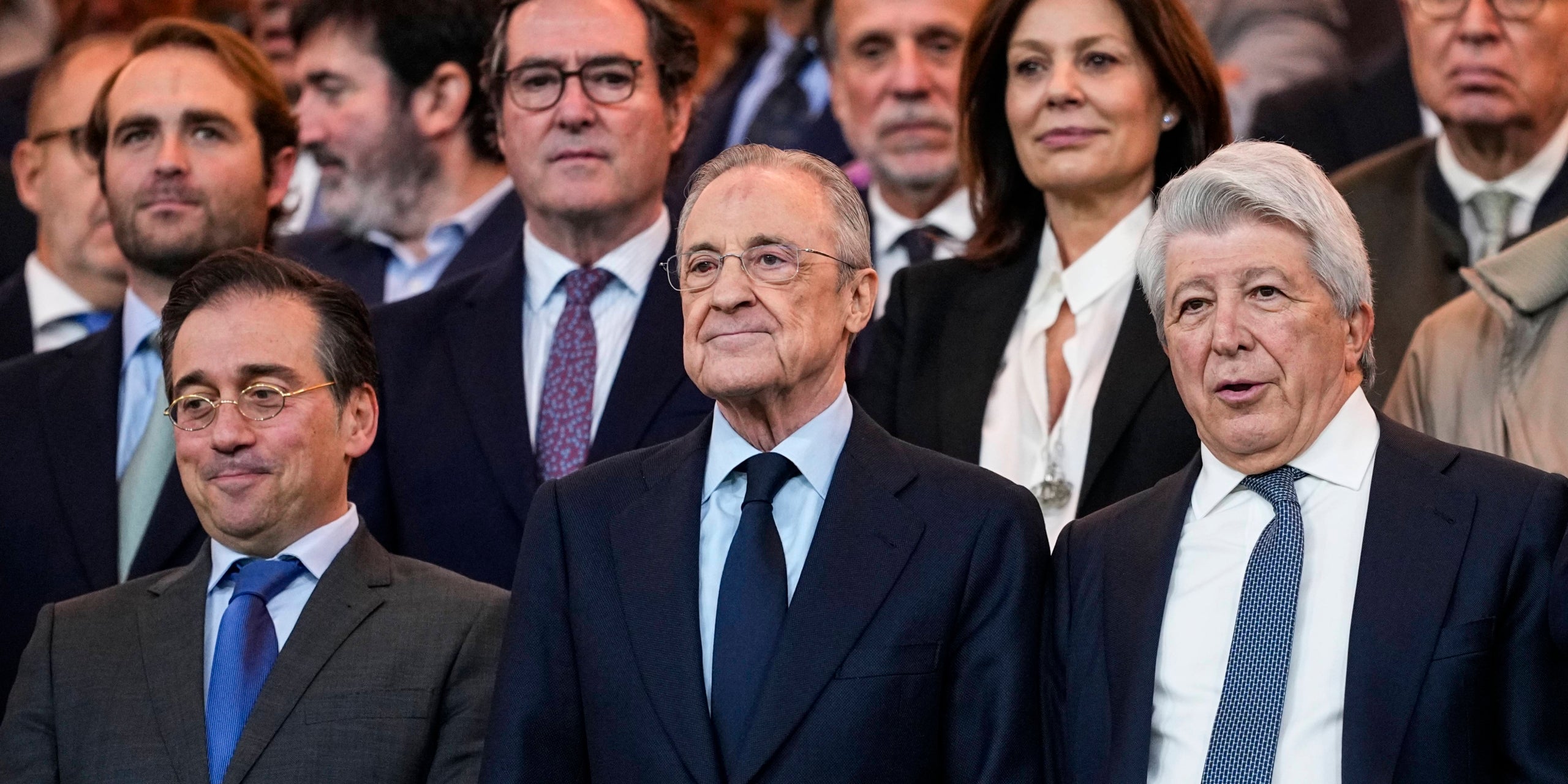 Florentino Pérez, president del Reial Madrid, i Enrique Cerezo, president de l'Atlètic de Madrid, durant el partit de Champions entre Madrid i Atlètic | Europa Press