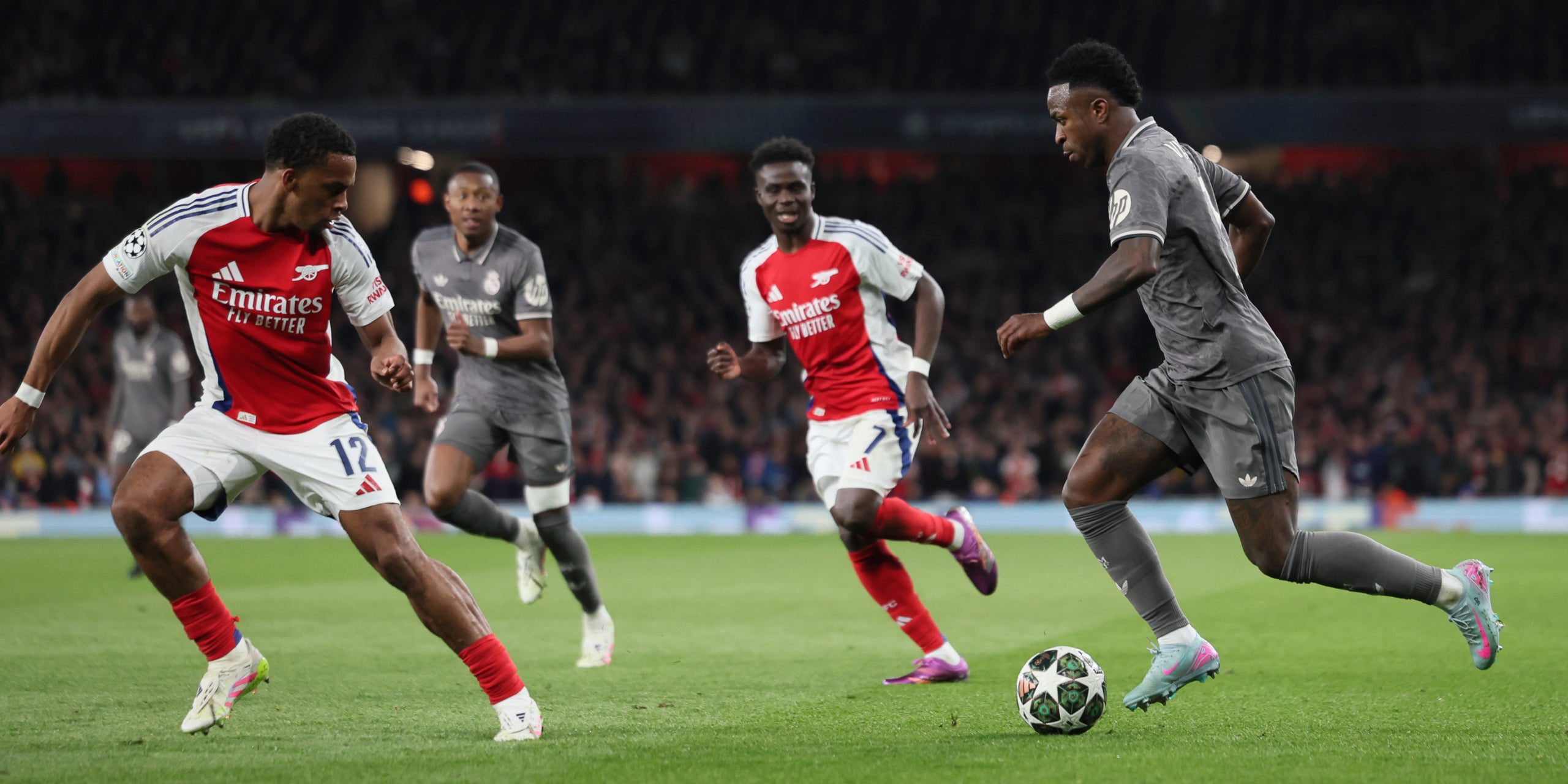 Vinicius, durante la ida de los cuartos de final de la Champions contra el Arsenal | Europa Press