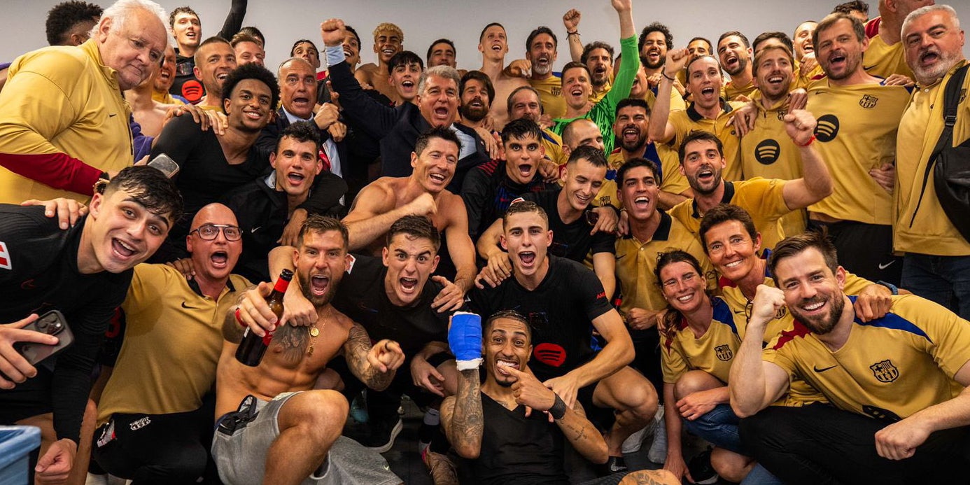 Joan Laporta, celebrando la Liga en el vestuario del Barça | FC Barcelona