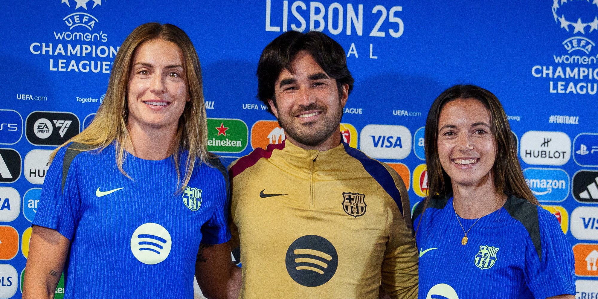 Alexia Putellas, Pere Romeu i Aitana Bonmatí, durant la roda de premsa prèvia a la final de la Champions | FC Barcelona