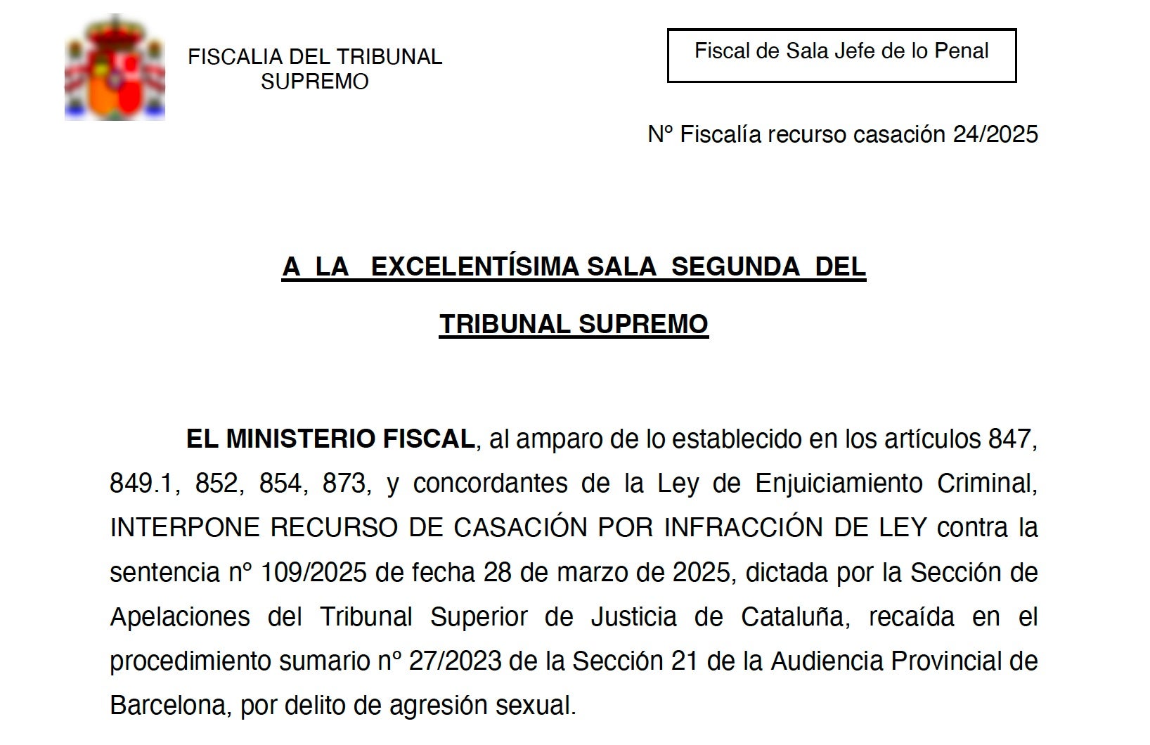 Capçalera del recurs de fiscalia pel cas Dani Alves