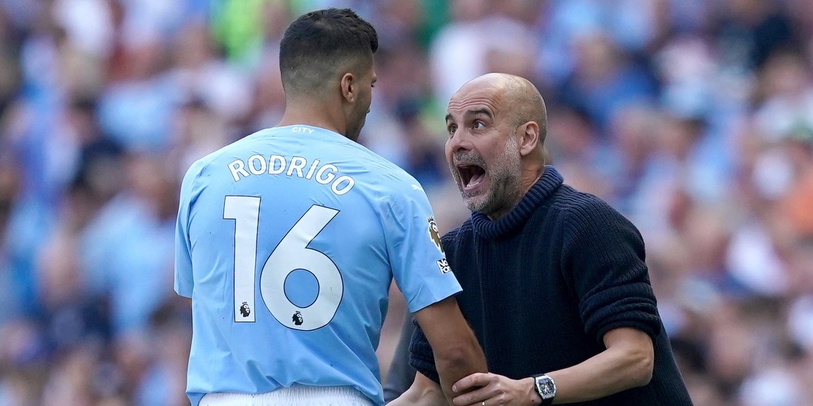 Pep Guardiola i Rodri celebrant un gol amb el Manchester City | Europa Press