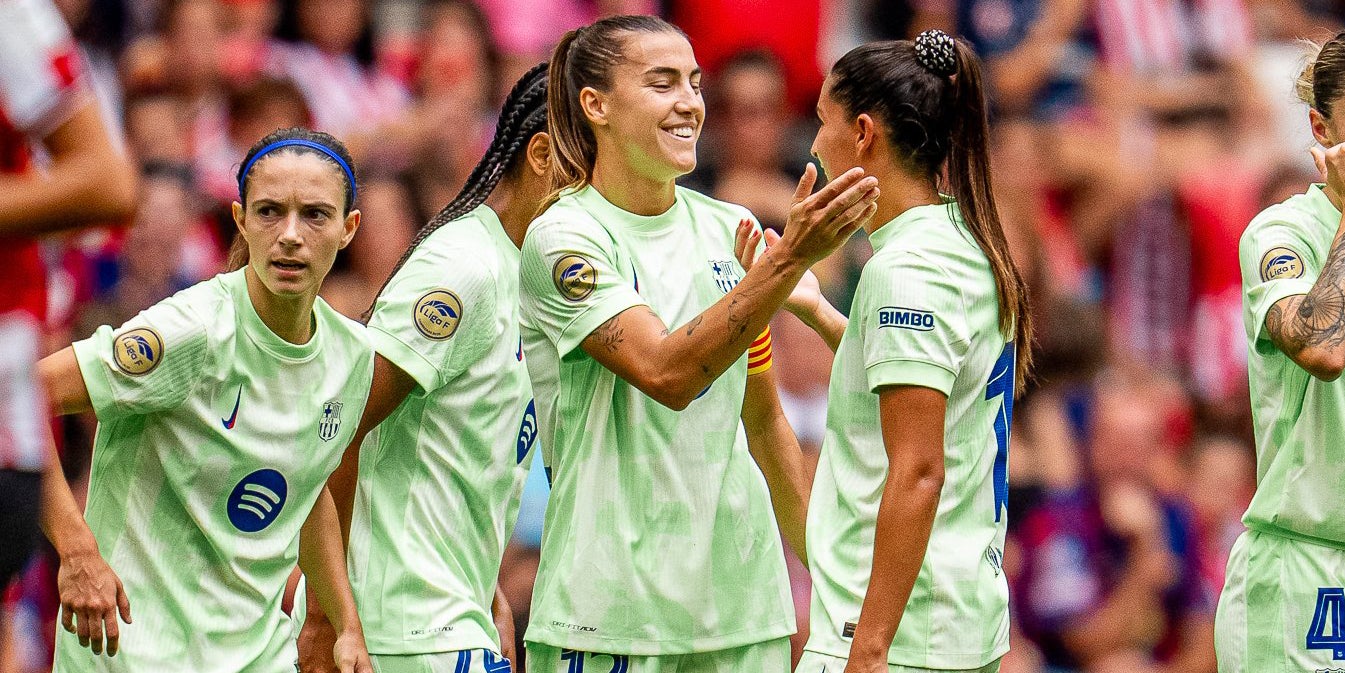 Les jugadores del Barça femení, celebrant un dels seus gols al camp de l'Athletic Club de Bilbao | X FC Barcelona