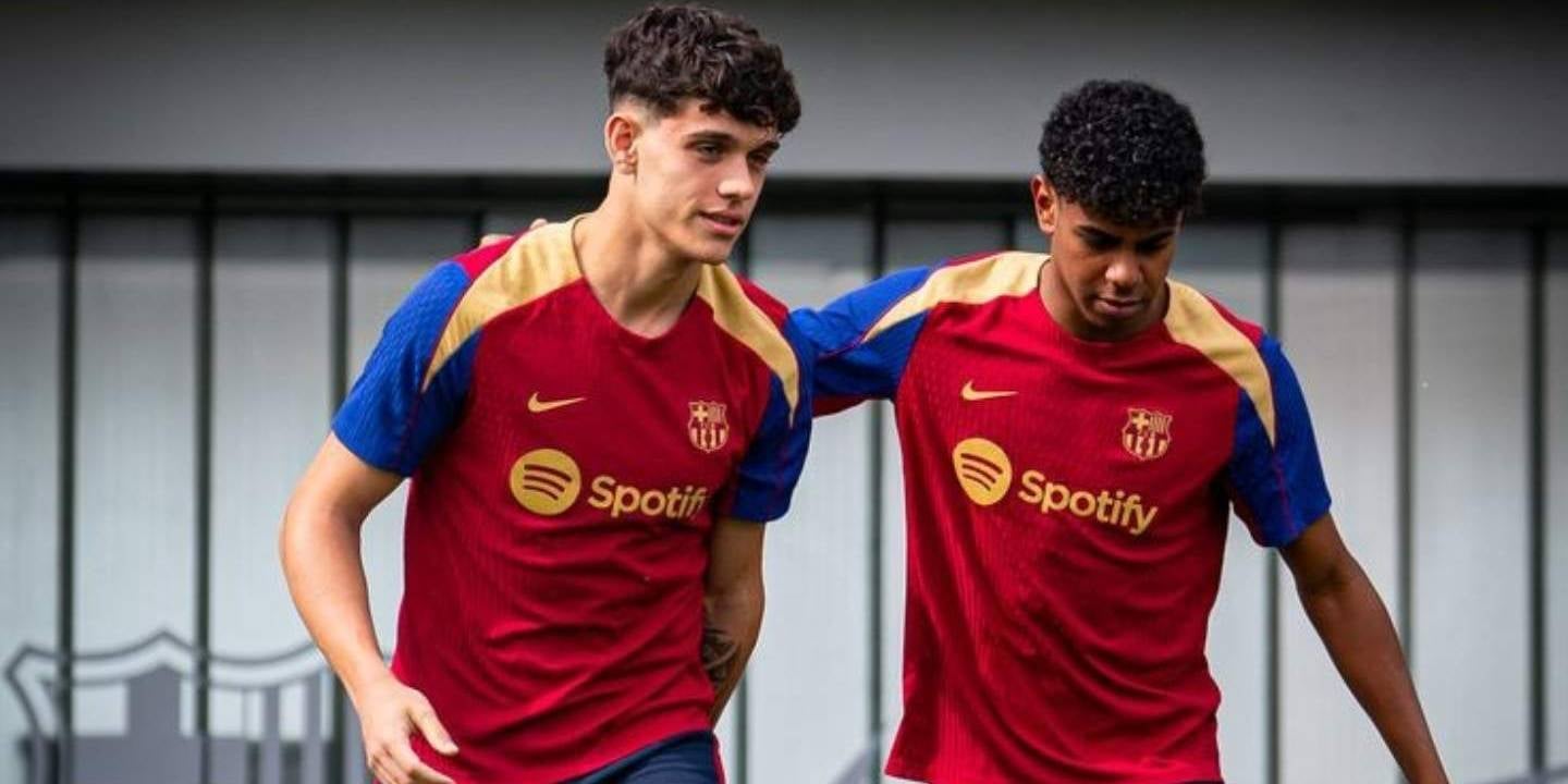 Héctor Fort i Lamine Yamal, durant un entrenament del Barça | FC Barcelona