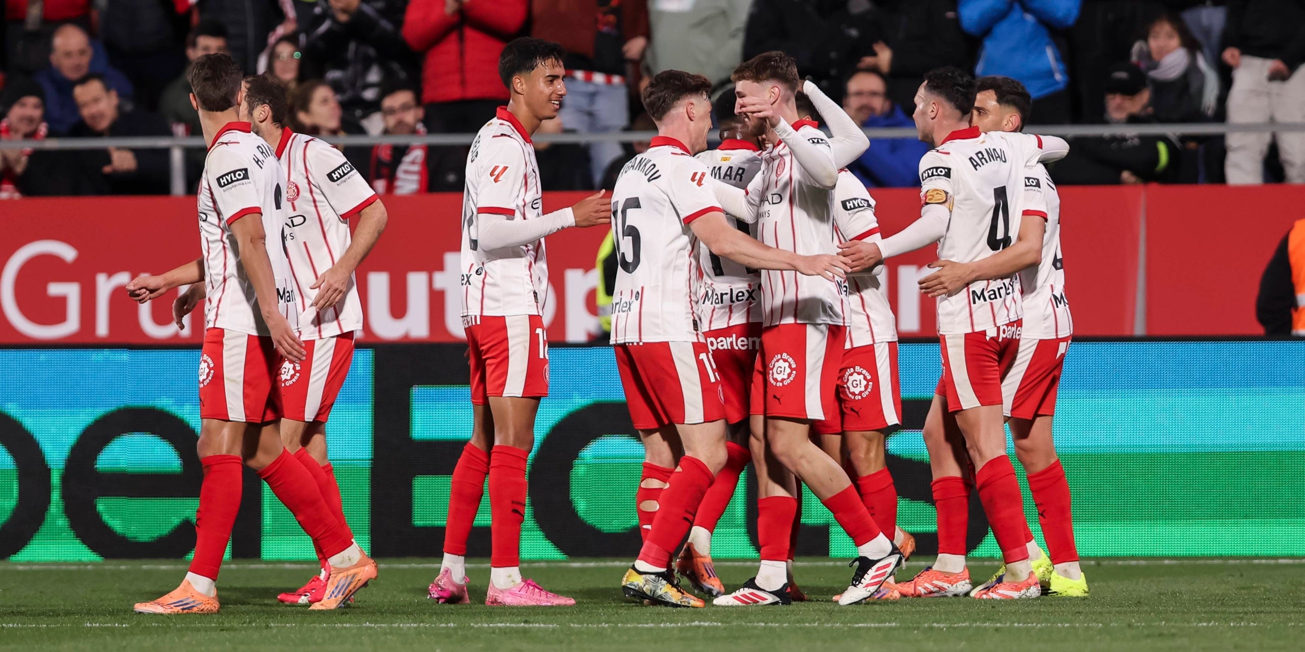 Vladyslav Vanat of Girona FC celebrates a goal with teammates during the Spanish league, La Liga EA Sports, football match played between Girona FC and CA Osasuna at Montilivi stadium on January 10, 2026 in Girona, Spain.